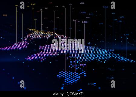 Global stats and big data concept with digital graphic colourful dotted world map and indicators on abstract dark background, greed for landing page. Stock Photo