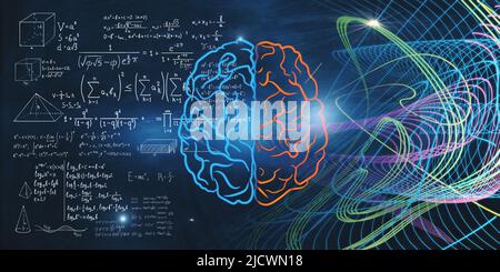 Machine learning illustration concept of blue and red brain parts, mathematical formulas and multi-colored chaotically painted lines on blackboard. 3D Stock Photo