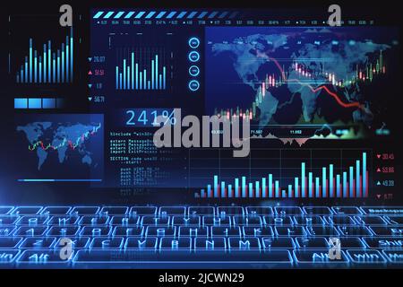 Forex market growth concept with stock market indicators and world map virtual terminal screen of global market data and application screen keyboard. Stock Photo
