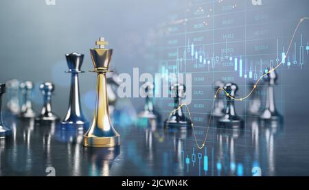 Business strategy and investment concept with golden and silver chessmen on dark surface and perspective view on digital financial chart with stock ma Stock Photo