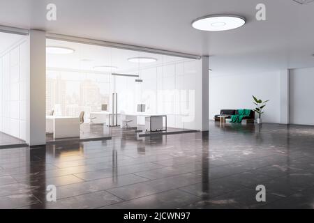 Side view on glass doors of stylish coworking area with modern computers on work tables, white wall inside and city view from huge window in spacious Stock Photo