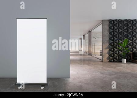 Blank white poster in front of grey wall on marble floor in spacious office with green plant in a pot near decorative wall and glass wall parlors. 3D Stock Photo