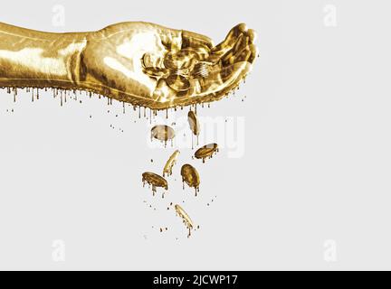 Golden hand and coins. Coins in palm of hands falling isolated on white background. Shining hand on white background. Gold color. 3D illustration. Stock Photo