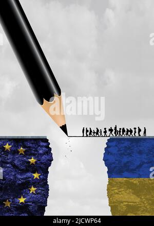 Refugee admission. European Union and Ukraine. Refugee problem and crisis in the world. 3D illustration. Ukraine and Russia war. Stock Photo