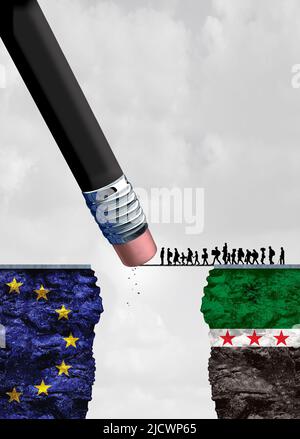 Refugee rejection. European Union and Syria. Refugee problem and crisis in the world. 3D illustration. Stock Photo