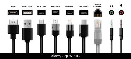 Computer cable, plug, wire realistic vector mockup Stock Vector
