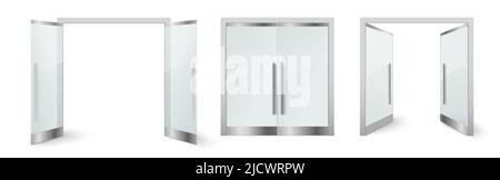 Closed and opened glass door realistic vector set Stock Vector
