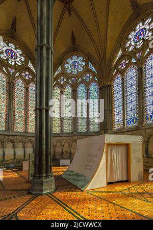 The Magna Carta viewing room Chapter House, Salisbury Cathedral. Stock Photo