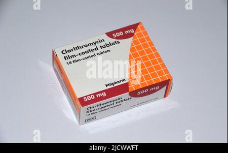 A Box of 14, 500mg Antibiotic Clarithromycin Tablets made by Milpharm Prescribed for an H. pylori Infection, England, UK. Stock Photo