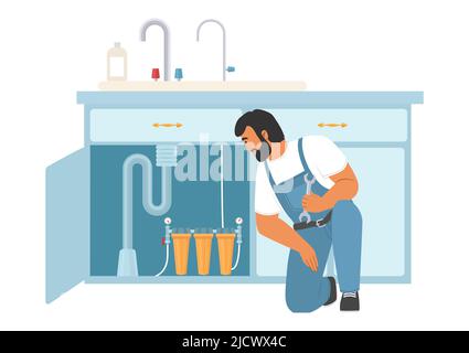Plumber repair or install water filter system Stock Vector