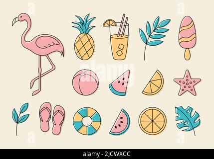 Set of simple outline cute summer elements. Flamingo, watermelon, pineapple, lemon, cocktail, ice cream, slippers. Vector illustration. Stock Vector