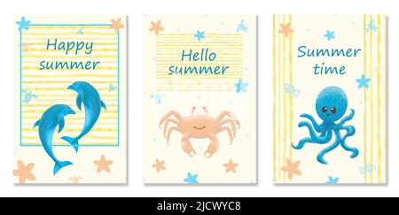 Set with Marine summer card with sea animals. Hello summer. Summer time. Happy summer Dolphin, Crab and Octopus. Stock Photo