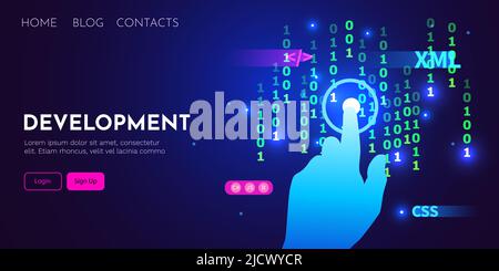 Web development, coding and programming futuristic banner. Hand touching computer code. Vector illustration Stock Vector