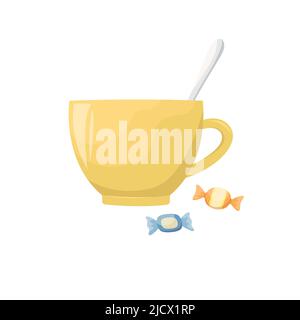 Vector illustration of a ceramic mug with a spoon and sweets. Stock Vector