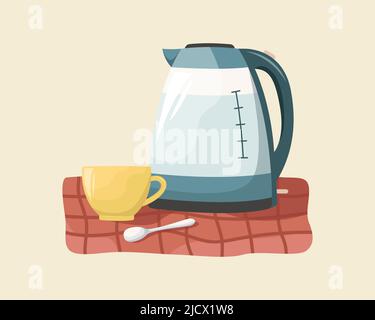 Vector illustration of a teapot and a ceramic cup on a tablecloth. Stock Vector