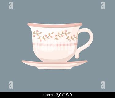 Vector illustration of a porcelain mug with a saucer from a vintage service. Stock Vector