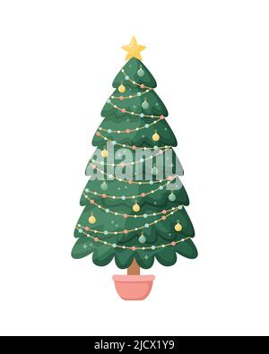 Vector illustration of a Christmas tree in a pot. New Year. Holidays. Stock Vector