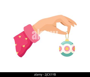 Vector illustration of a hand hanging a Christmas ball. New Year. Holidays Stock Vector