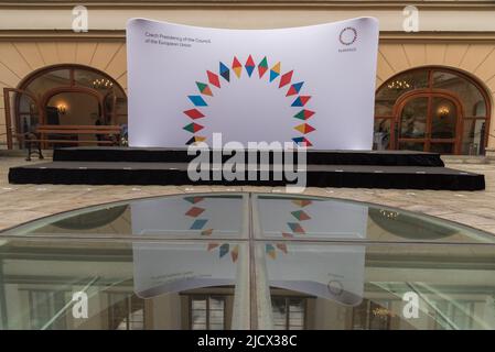 Prague, Czech Republic. 16th June, 2022. Banner with the logo of Czech Presidency of the Council of the European Union as seen in Prague. Official visit of President of the European Parliament Roberta Metsola in Prague is first event under Czech Presidency of the Council of the European Union in 2022. Main discussed topics during the visit were priorities of Czech Presidency of the Council of the European Union. (Photo by Tomas Tkacik/SOPA Images/Sipa USA) Credit: Sipa USA/Alamy Live News Stock Photo