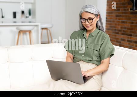 Mature lady works remotely with a laptop sitting on the sofa in cozy living room. Charming senior elderly woman spends leisure time in networks on the computer, texting messages, watching movies Stock Photo