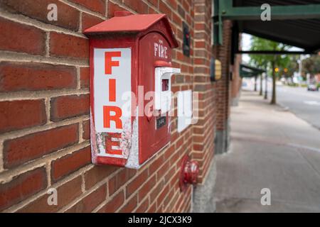 Salem, MA USA - June 12, 2022 - an old pull down fire alarm in the historic Stock Photo