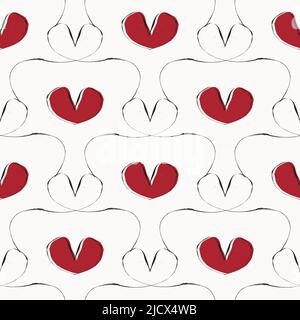 Abstract heart rhythm seamless vector pattern. Brush stroke fine painterly background. Cardiogram backdrop with red hearts Black white line art pulse Stock Vector