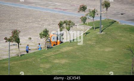 22 July 2021 Izmir Turkey. Municipality workers cleaning up Alsancak kordon in the morning Stock Photo