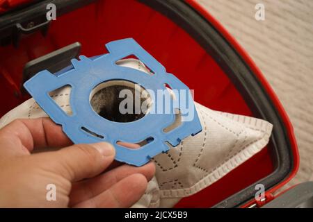 Vacuum cleaner dirty dust bag close up view Stock Photo