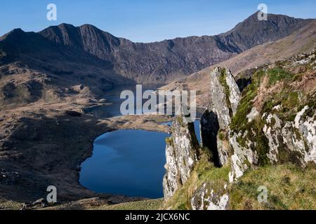 Cwm Dyli, Llyn Llydaw, Mount Snowdon and the Snowdon Horseshoe from The Horns, Snowdonia National Park, North Wales, United Kingdom, Europe Stock Photo