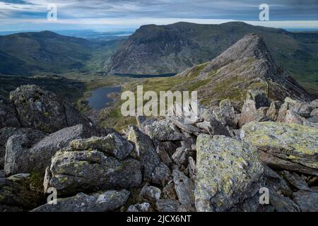 Tryfan, the Ogwen Valley and Glyderau Mountains viewed from Bristly Ridge, Snowdonia National Park, North Wales, United Kingdom, Europe Stock Photo