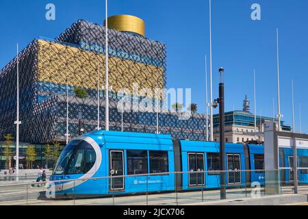Tram in front of Library, Centenary Square, Birmingham, West Midlands, England, United Kingdom, Europe Stock Photo