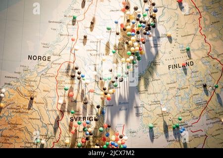 Travel plans with straight pins on the Scandinavian map, Scandinavia, Europe Stock Photo