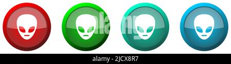 Alien face round glossy web icon set, colorful buttons isolated on white background Stock Photo