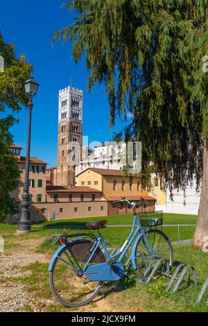 San Martino Duomo (St. Martin Cathedral), parked bicycle, Lucca, Tuscany, Italy, Europe Stock Photo