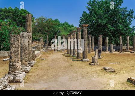 Ancient Olympia, Palaestra archaeological area ruins with columns view, UNESCO World Heritage Site, Greece, Europe Stock Photo