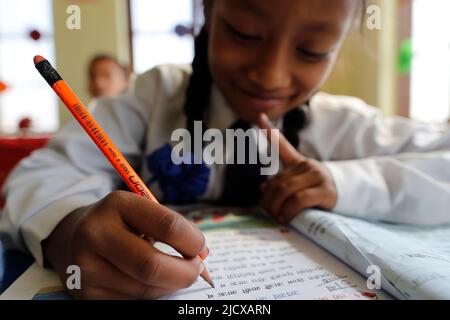Primary school, girl in classroom with pencil, concept of education and school life, Kathmandu, Nepal, Asia Stock Photo