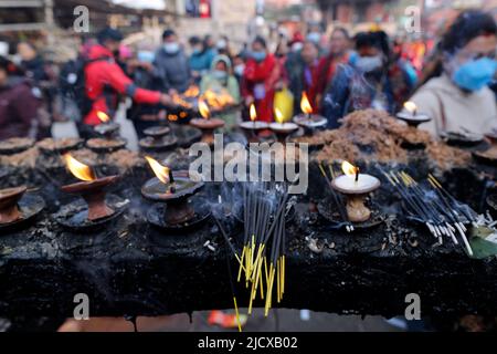 Oil (butter) lamps burning in Hindu temple, Kathmandu, Nepal, Asia Stock Photo