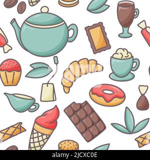 Coffee tea croissants and pastries seamless pattern Stock Vector