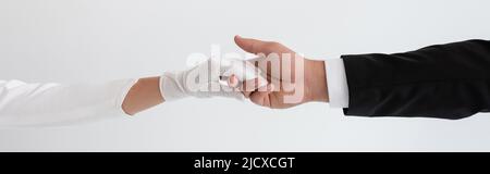 cropped view of groom and bride holding hands isolated on grey, banner Stock Photo