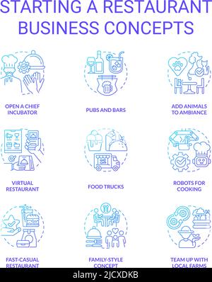 Starting restaurant business blue gradient concept icons set Stock Vector