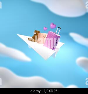 Travel concept using paper planes carrying luggage and shopping for souvenirs. 3D Rendering Stock Photo