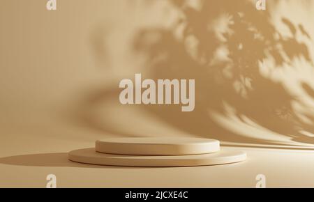Minimalism style podium in brown coffee color in yellow pastel color tone with tree or plant shadow lighting background. Abstract and object concept. Stock Photo