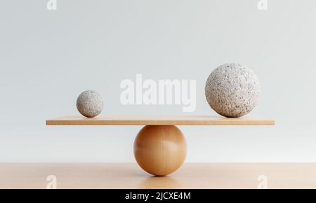Wooden scale balancing with one big ball and one small ball. Harmony and balance concept. 3D illustration rendering Stock Photo