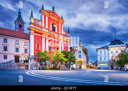 Ljubljana, Slovenia. Image of Ljubljana, Slovenia during twilight blue hour, Preseren Square and the Cathedral Stock Photo