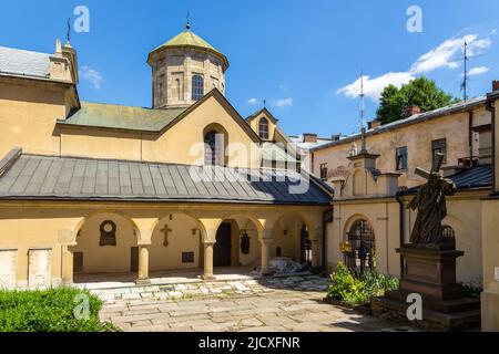 Lviv, Ukraine - 09 June 2018: Courtyard at the Christianity in the Armenian Cathedral of the Assumption of Mary in Lviv. Stock Photo