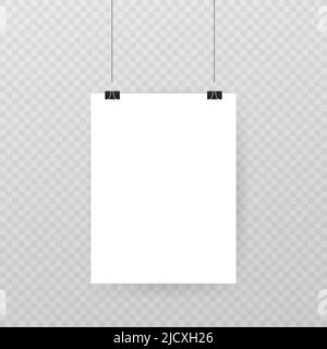 Set of multicolored binder clips on a piece of paper on a transparent background. Clerical clothespin. Stock Vector