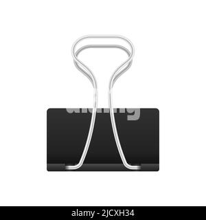 Set of multicolored binder clips on a piece of paper on a transparent background. Clerical clothespin. Stock Vector