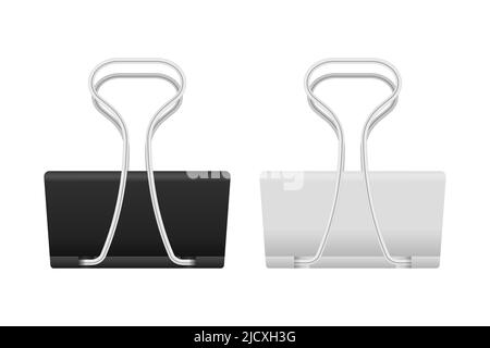Set of multicolored binder clips on a piece of paper on a transparent background. Clerical clothespin. Stock Vector