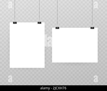 Set of multicolored binder clips on a piece of paper on a transparent background. Clerical clothespin. Stock Vector