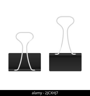 Set of multicolored binder clips on a piece of paper on a transparent background. Clerical clothespin. Stock Vector